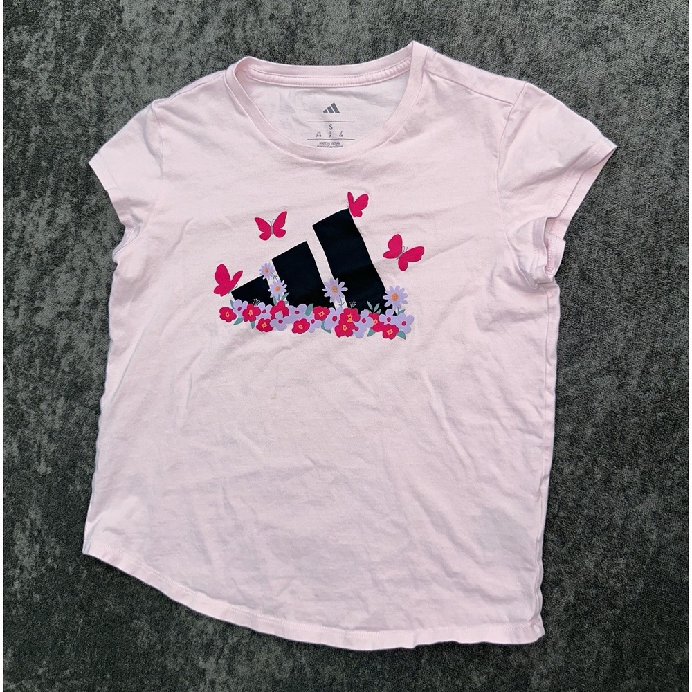 Adidas Girls Pink Cotton T-shirt Graphic Logo Butterfly Crew Neck Tee Size S